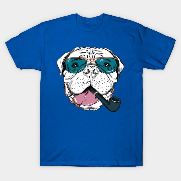 Hipster dog Bullmastiff breed in blue glassess with a pipe T-Shirt by amramna